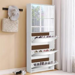Mirrored Shoe Rack Organizer Slim Shoe Storage Cabinet for Entryway w/ 5 Flip Drawers