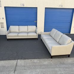 Set of 2 Cream 3-Seat Concise Leather Sofas – Like New!