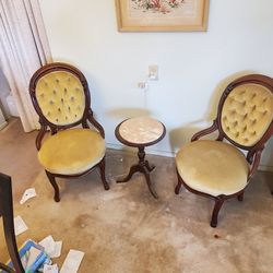 Victorian Tufted Chairs  and marble Topped Tripod table