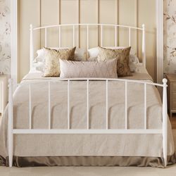 Queen Size Metal Bed Frame With Victorian Style Iron-Art Headboard And Footboard