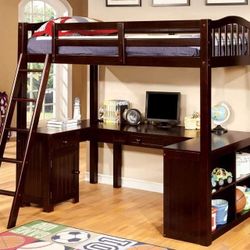 DARK WALNUT FINISH TWIN SIZE LOFT BED DESK BOOKCASE STORGE - KIDS FURNITURE - LIETRA SENCILLA ESCRITORIO