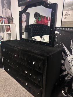 Black Velvet Bed Frame, Dresser and Night stand with Mirror and Crystal Accents