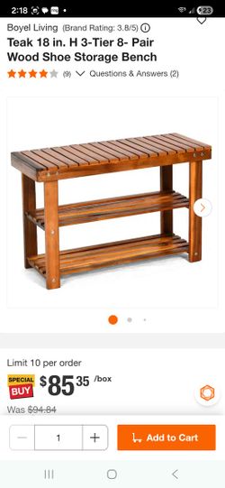 2 Available Teak 18 in. H 3-Tier 8- Pair Wood Shoe Storage Bench