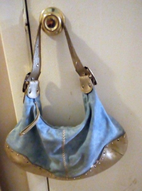 "Pritzi" light blue faux suede and gold buckle strap hobo style purse