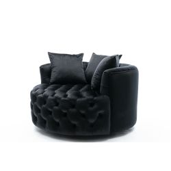 Swivel Barrel Chair, 360° Swivel Velvet Upholstered Lounge Sofa Chair with 3 Movable Pillows and Metal Base, Modern Leisure Club Chair Round Single So
