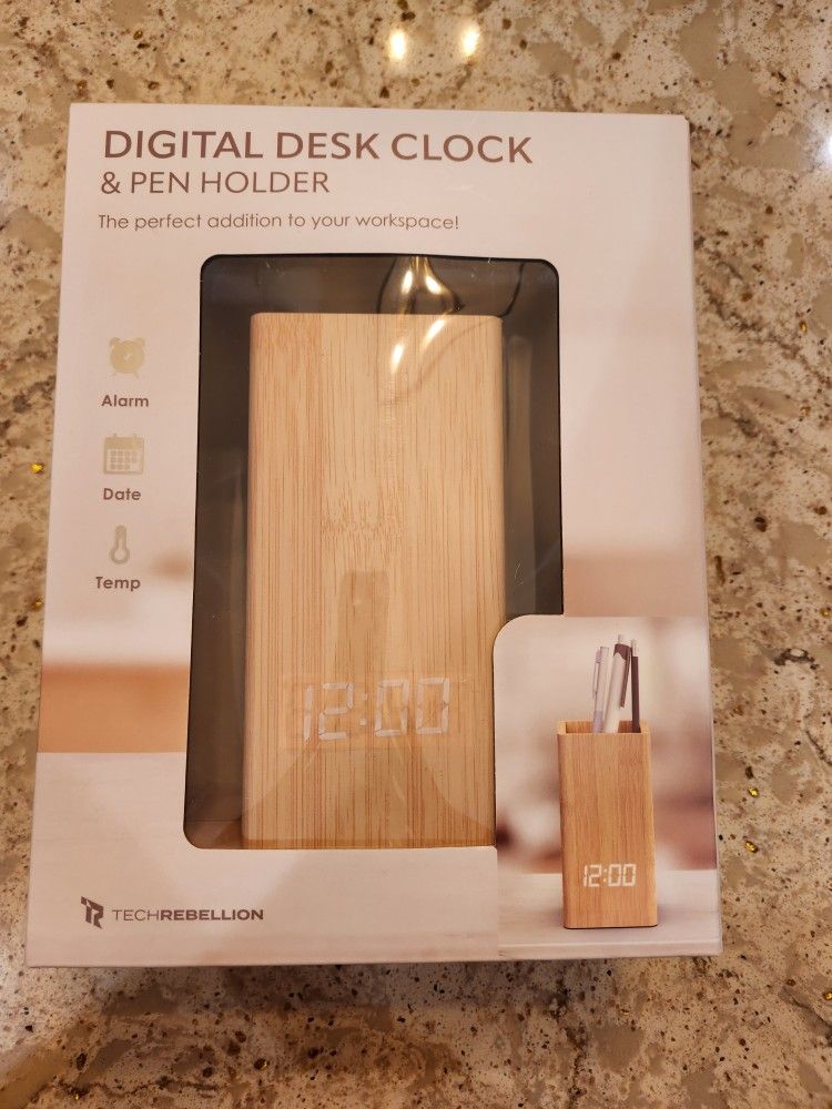 Tech Rebellion Digital Desk Clock & Pen Holder Alarm/Date/Temp NEW