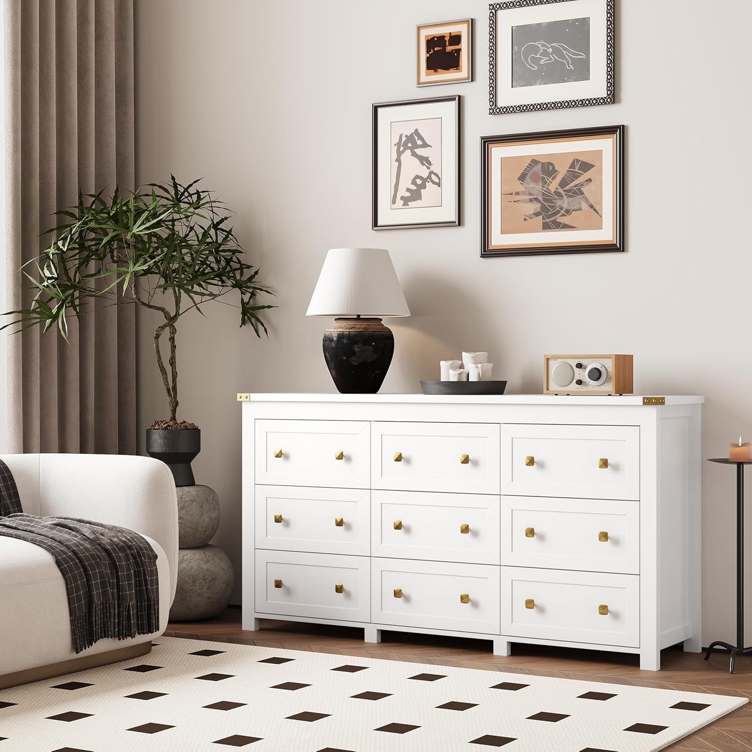 Dresser for Bedroom with 9 Drawers, Farmhouse Wood Chest of Drawers, Wide TV Stand Closet Storage Furniture with Metal Handle, Modern Clothes Organize