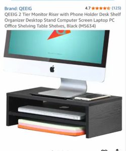 QEEIG 2 Tier Monitor Riser with Phone Holder Desk Shelf Organizer Desktop Stand Computer Screen Laptop PC Office Shelving Table Shelves, Black