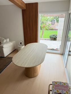 Contemporary oval dining table with oak base, faux travertine oval dining table 70” gorgeous oval dining table stone top
