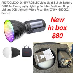 New in box PHOTOOLEX Q40C 45W RGB LED Video Light, Built-in Battery Full Color Photography Lighting, Portable Continous Output Lighting COB Lights for