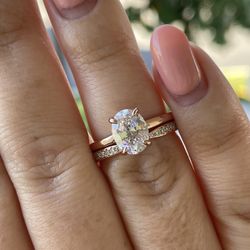 Rose Gold Over Sterling Silver 925 Engagement Ring Set With 2CT CZ Solitare And Moissanite Band
