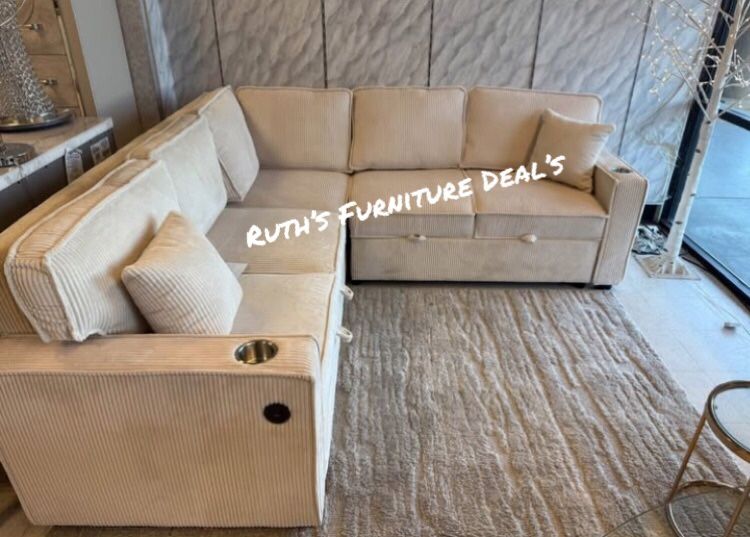 3-Pc Corduroy Sectional Sofa Set With Pullout Bed & Storage