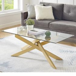 Gold Coffee Table for Living Room, Modern Glass Coffee Table with 47" Tempered Glass Top and Metal Tubular Legs for Small Space, Apartment, Office