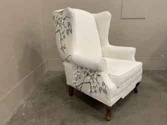 Vintage Queen Anne Style Wingback Armchair in Ivory Upholstery with Floral Accents
