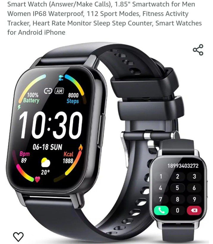 Smart Watch (Answer/Make Calls), 1.85" Smartwatch for Men Women IP68 Waterproof, 112 Sport Modes, Fitness Activity Tracker, Heart Rate Monitor Sleep S