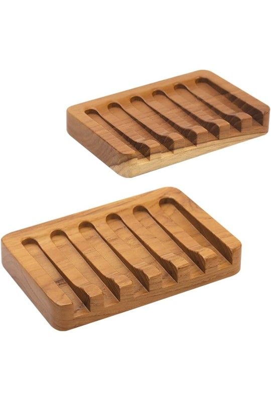 2PCS Self Draining Soap Dishes by HTB, Teak Wood Soap Holder, Soap Saver for Shower, Bathroom, Bath Tub, Kitchen Sponges, Easy Dry Extend Soap Life
