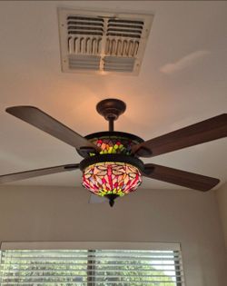 52" W Indoor Tiffany Stained Glass Oil Ceiling Fan with Remote Control