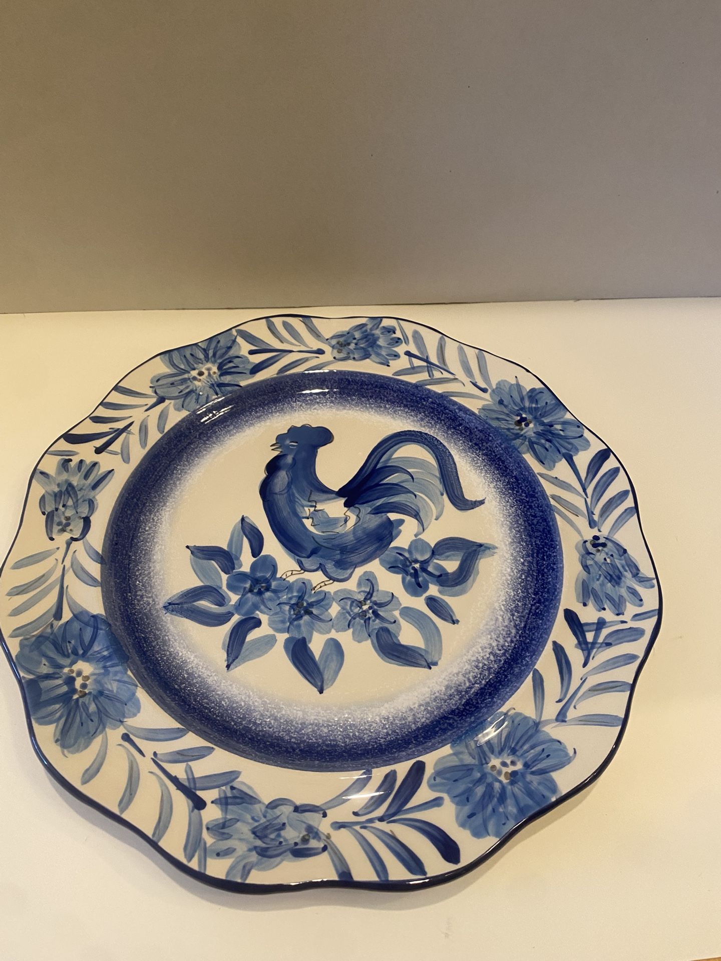 Blue & white Rooster ceramic French Country/ Farmhouse decor plate. . 9 Inch. . Scalloped edge.