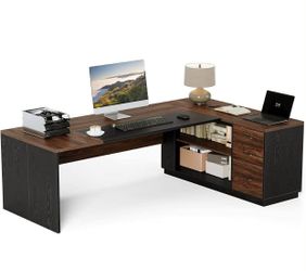 78.7 Inches Modern Executive Desk with File Cabinet, Extra Large L Shaped Home Office Desk with Drawers, Professional Spacious Workstation for Home Of