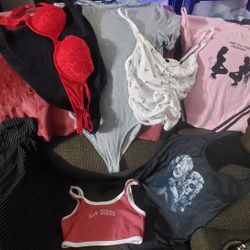10 Peice Tops  Sm/med 3 Bodysuits 1 Crop 4 Tanks 1 Shirt  Bra 32 B Victoria Secret 