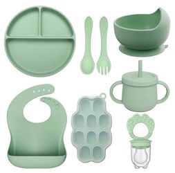 Silicone Baby Feeding Set with 9-Piece Green;blue;pink