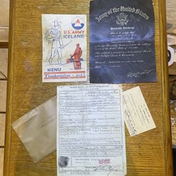 WW2 Era 1945 Honorable Discharge Papers, 1943 Iceland Base Thanksgiving Menu, And Benefit Letter