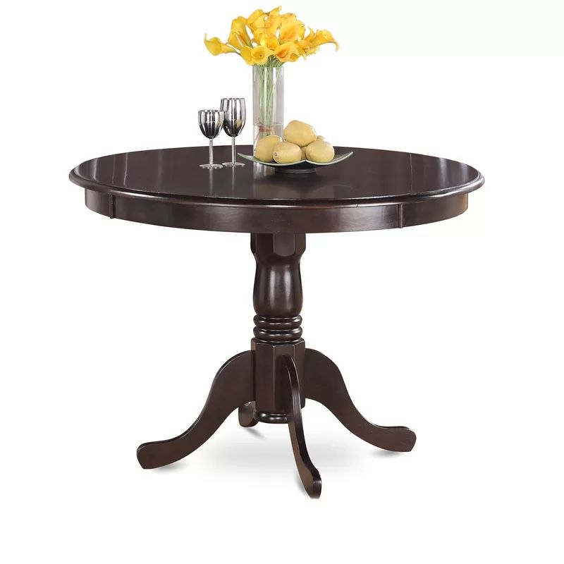 Cappuccino Asian Wood Dining Table. Round Table Top with Pedestal Legs. Wood construction and solid wood tabletop. 