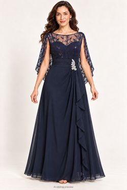 Navy Blue Lace Cape Sleeve Formal Gown