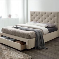 Twin Bed frame Beige W Under bed Storage Drawer 