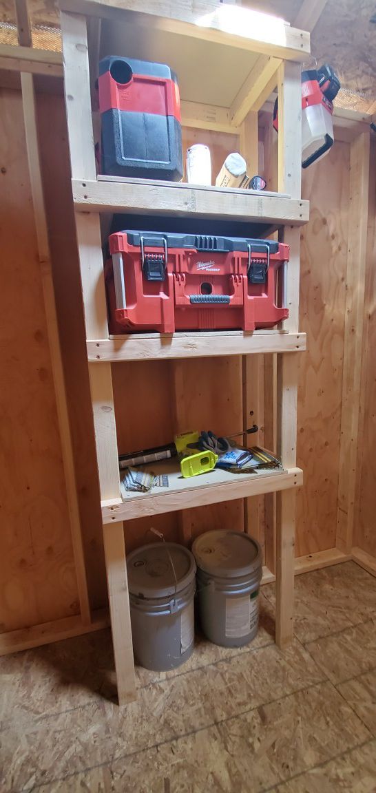 Strong 2x3 lumber and plywood shelf for shed or garage