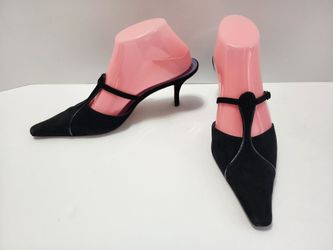 Vintage Italian Anne Klein Black Suede Adjustable T-Strap Slingback Heels- 9M