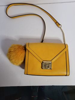 Aldo Paraventa Yellow Crossbody Bag Faux Fur Pom Gold Chain NWOT