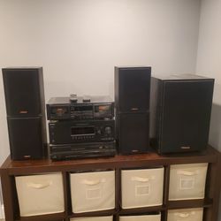  4 Klipsch Box Speakers, 1 Klipsch Sub Woofer, Sony Receiver,  Denon dual Tape Deck and 5 cd Disc Player 