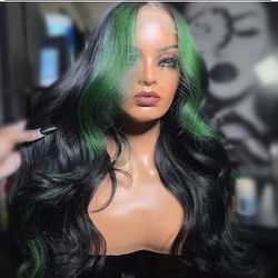 Long Wave 100% Human Hair Wig 13×1 Finger Green Black Lace Front Wigs for Women 