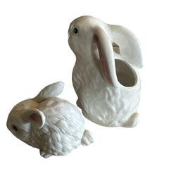 2 piece Ceramic White Bunny Planter 4.5" Tall Made in Japan Easter Bunny Rabbit Pot 3”x3” baby bunny. T-175