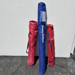 Tommy Bahama Umbrella & Two Red Chairs