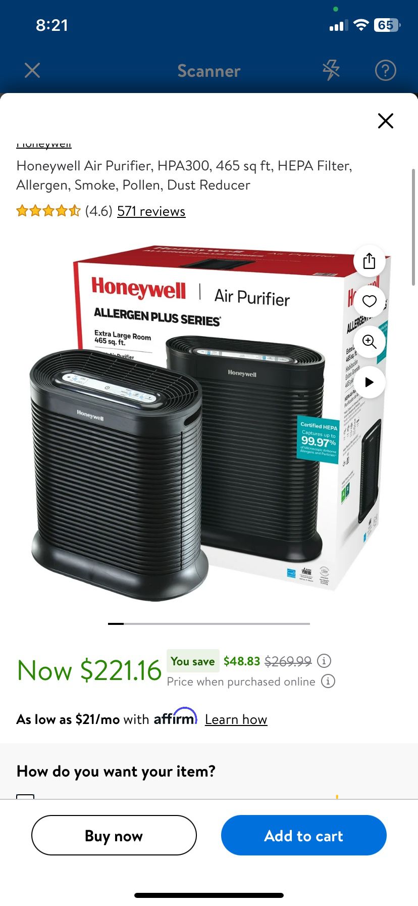 Honeywell Air Purifier, HPA300, 465 sq ft, HEPA Filter, Allergen, Smoke, Pollen, Dust Reducer