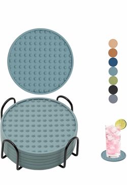 Set of 6 Silicone Coasters, 4'' Drink Coaster with Holder, Round Coasters for Drinks Beer Coffee Home Office Bar Desk Tabletop Protection, Non-Slip Ru