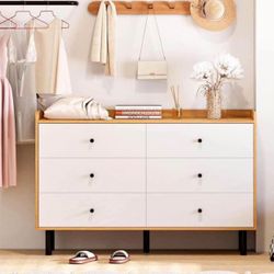 Dresser for Bedroom, Wood Dressers & chests of Drawers with 6 Drawers, Modern White Drawers with Raised Edges for Bedroom Room, Nursery, Closet, Kids 