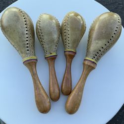 Vintage Handmade Leather Maracas – Set of 4 – Folk Percussion Instruments