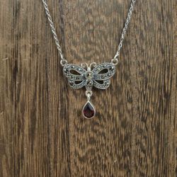 16" Sterling Silver Drop Garnet Marcasite Butterfly Necklace Vintage