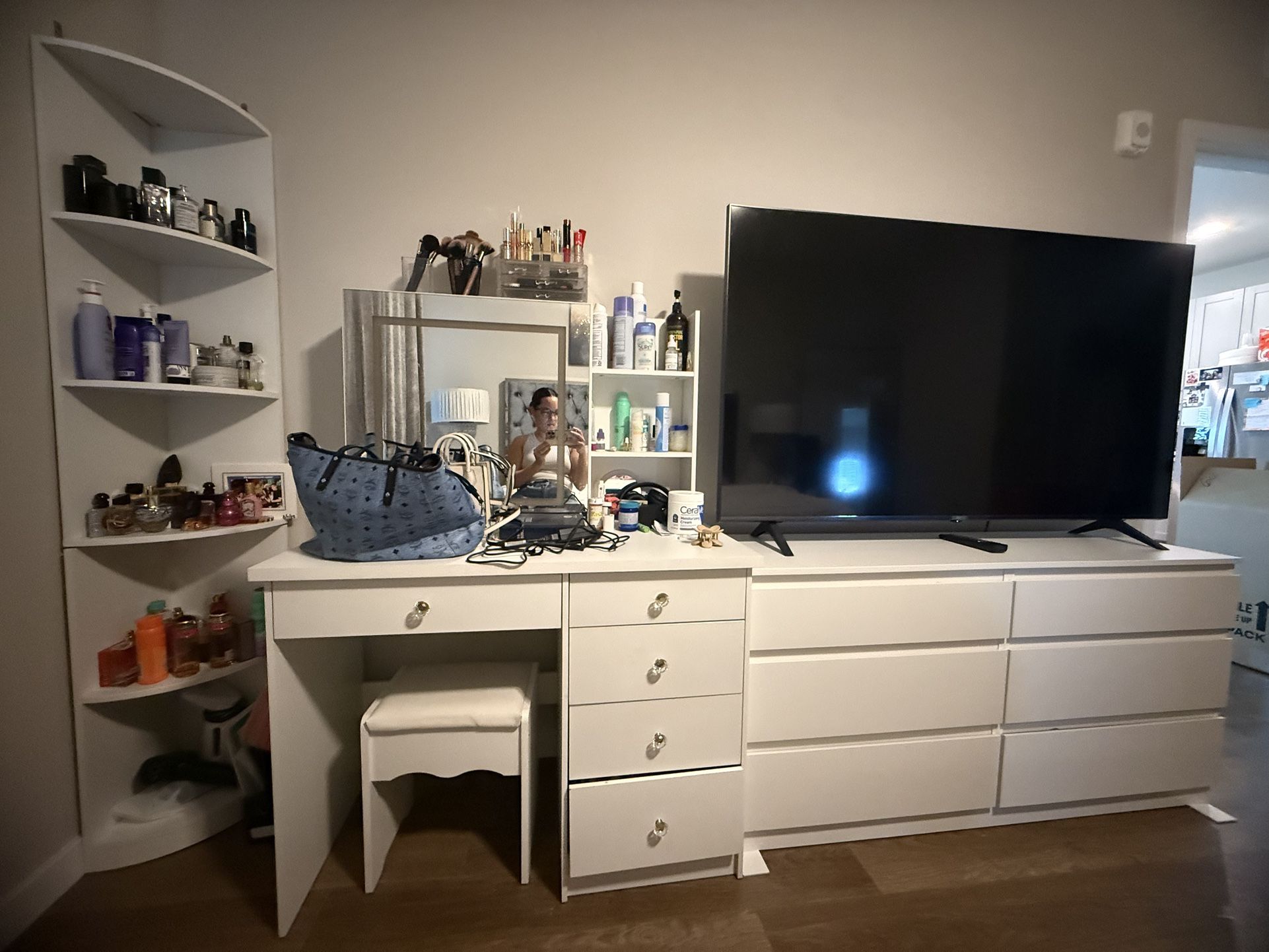 Dresser, Make Up Vanity, And Corner Shelf