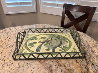Beautiful green Iron tray with hand painted bird