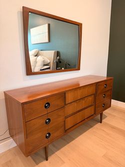 MCM Stanley Walnut Bedroom Set — Dresser, Mirror & Highboy