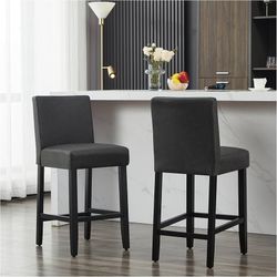 26'' PU Bar Stools Set of 2, Modern Upholstered Faux Leather Counter Height Bar Chairs, Soild Wood Legs Barstools with Back for Kitchen Island, Black