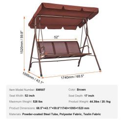 3-Seat Patio Swing Chair, Outdoor Patio Swing with Adjustable Canopy, Porch Swing with Armrests, Teslin Fabric and Alloy Steel Frame, for Balcony, Bac