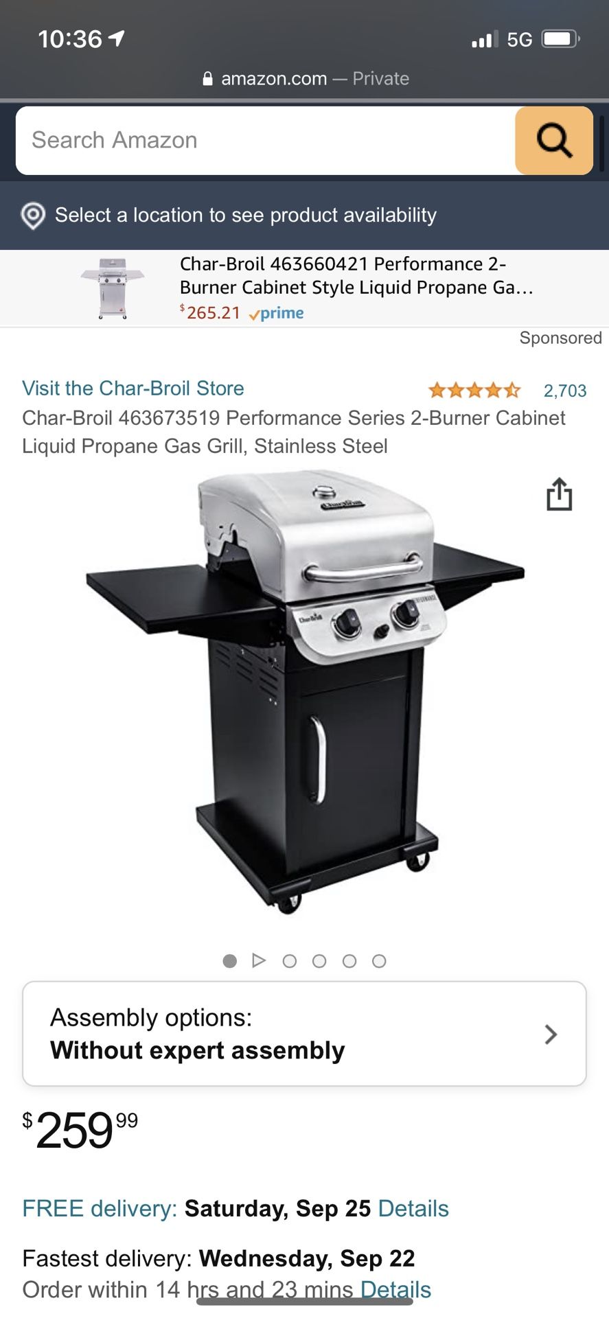 New in box, Char-Broil 463673519 Performance Series 2-Burner Cabinet Liquid Propane Gas Grill, Stain