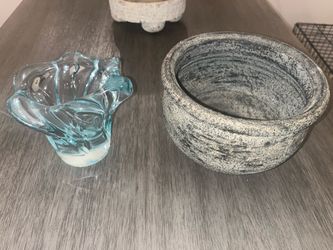 Blue Art Glass Vase and Stone Bowl Set