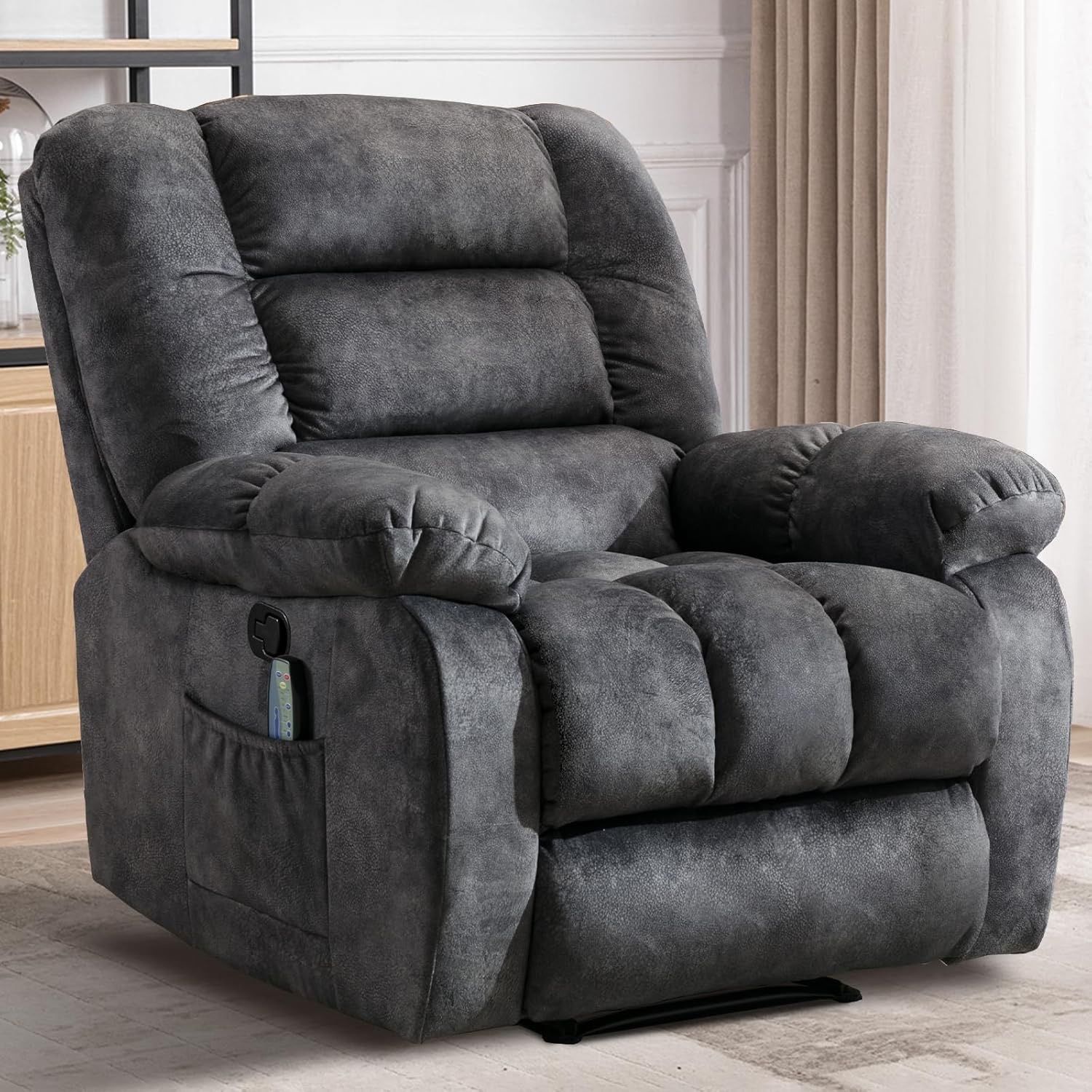 Massage Recliner Chair with Heat and Massage, Soft Fabric Ergonomic Manual Reclining Chairs, Heavy Duty Reclining Sofa Chair with Side Pockets for Liv