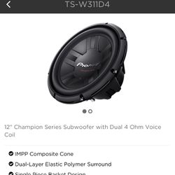 Pioneer TS-W311D4 12” Champion Series Dual 4 Ohm Subwoofer